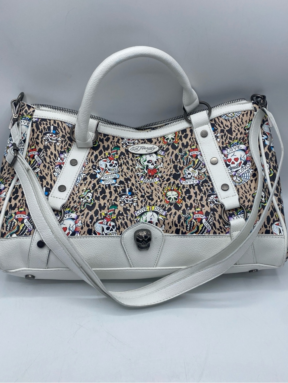 ED Hardy Cheetah Print Skull Tattoo Graffiti Crystal Studded Satchel Handbag
